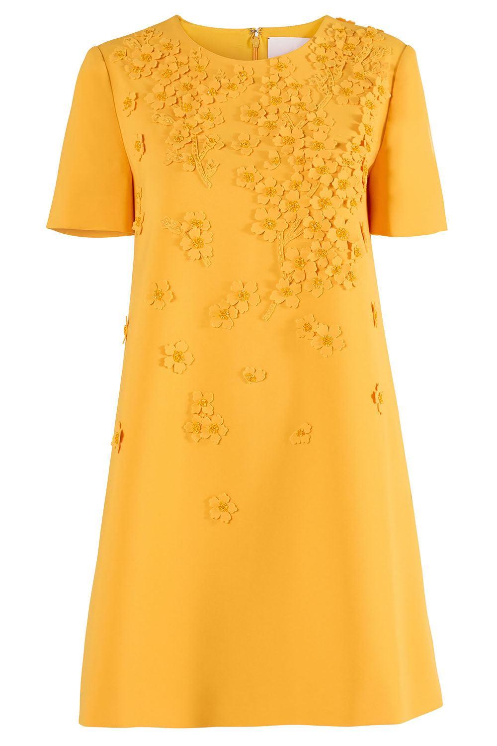 Embroidered Floral Short Sleeve Shift Dress-YELLOW-2-CLOTHINGDRESSCASUAL-CAROLINA HERRERA