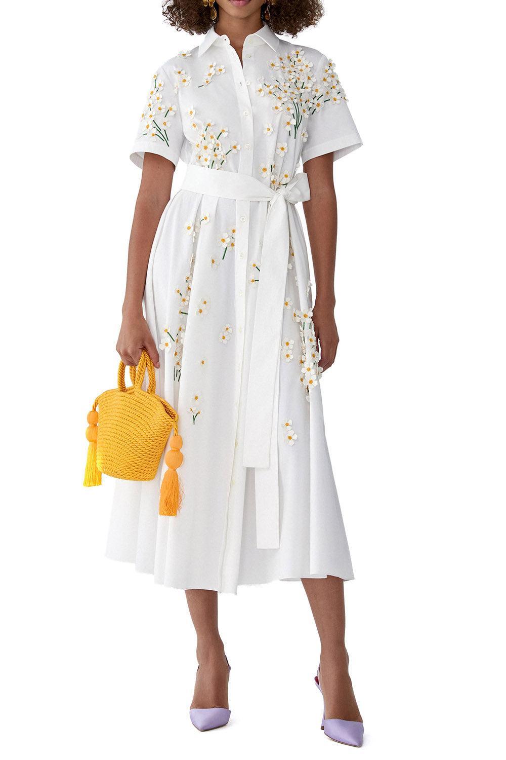 Embroidered Floral Short Sleeve Belt Shirt Dress-WHITE-4-CLOTHINGDRESSCASUAL-CAROLINA HERRERA
