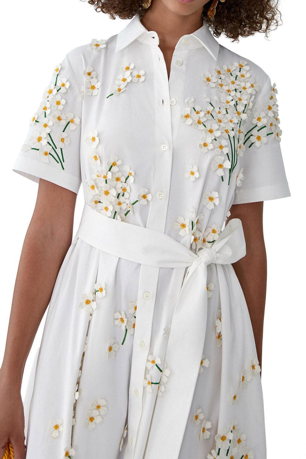  Embroidered Floral Short Sleeve Belt Shirt Dress-WHITE-4-CLOTHINGDRESSCASUAL-CAROLINA HERRERA 