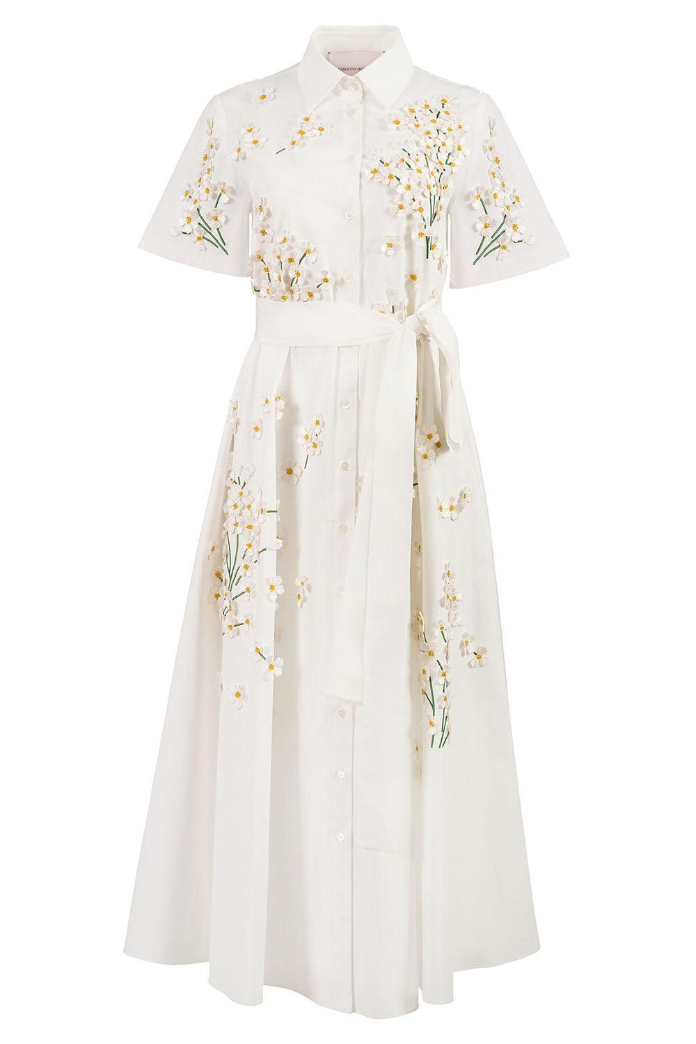 Embroidered Floral Short Sleeve Belt Shirt Dress-WHITE-4-CLOTHINGDRESSCASUAL-CAROLINA HERRERA