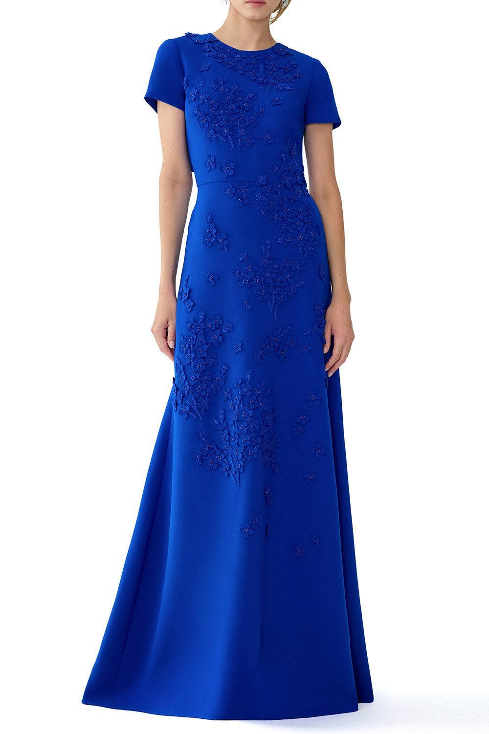 Embroidered Floral Short Sleeve Gown-BLUE-6-CLOTHINGDRESSGOWN-CAROLINA HERRERA