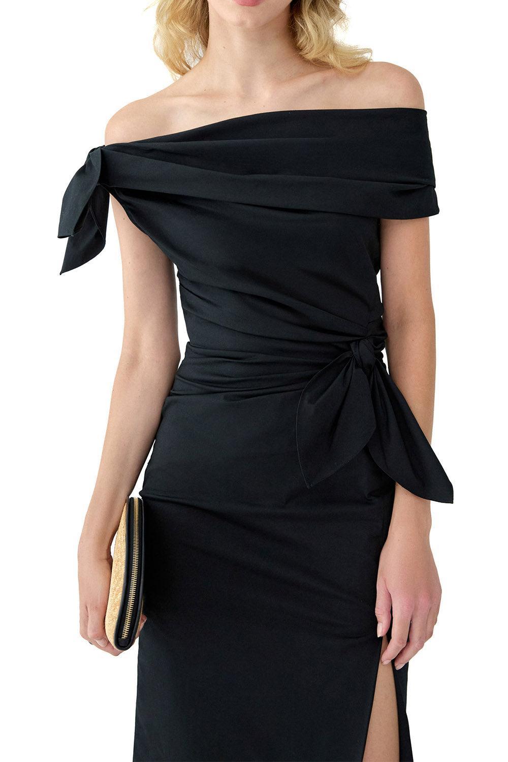 Sleeveless Cowl Neck Tie Shoulder Midi Dress-BLACK-2-CLOTHINGDRESSCOCKTAIL-CAROLINA HERRERA