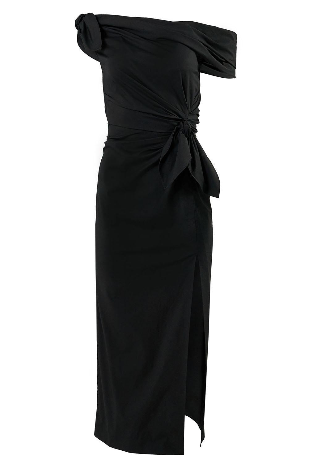 Sleeveless Cowl Neck Tie Shoulder Midi Dress-BLACK-2-CLOTHINGDRESSCOCKTAIL-CAROLINA HERRERA