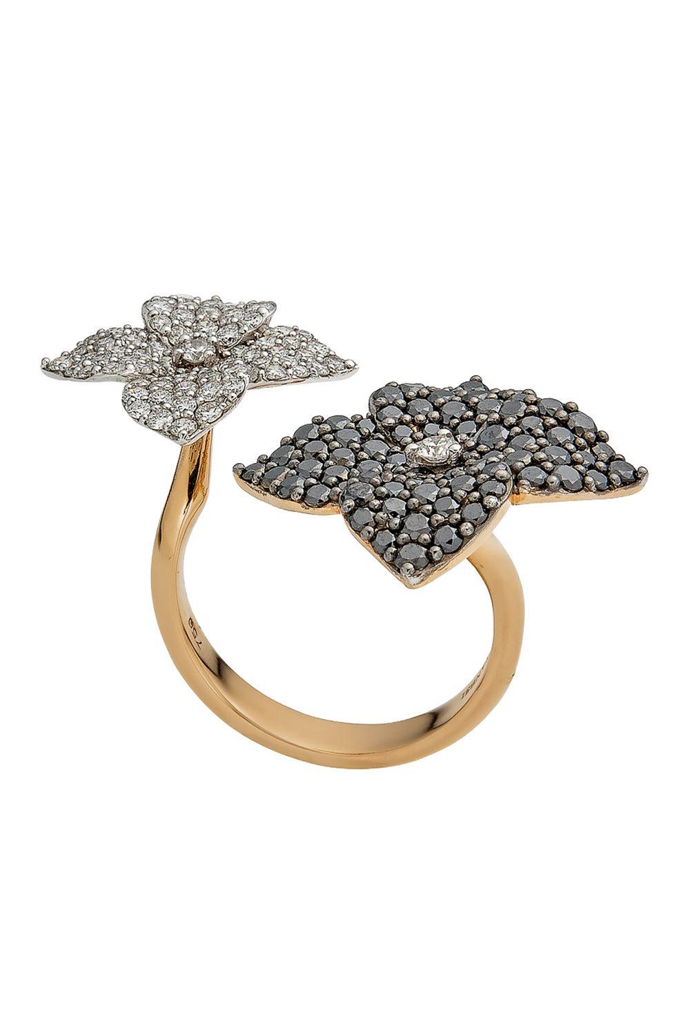White Black Diamond Double Flower Ring-ROSE GOLD-6.5-JEWELRYFINE JEWELRING-PIRANESI