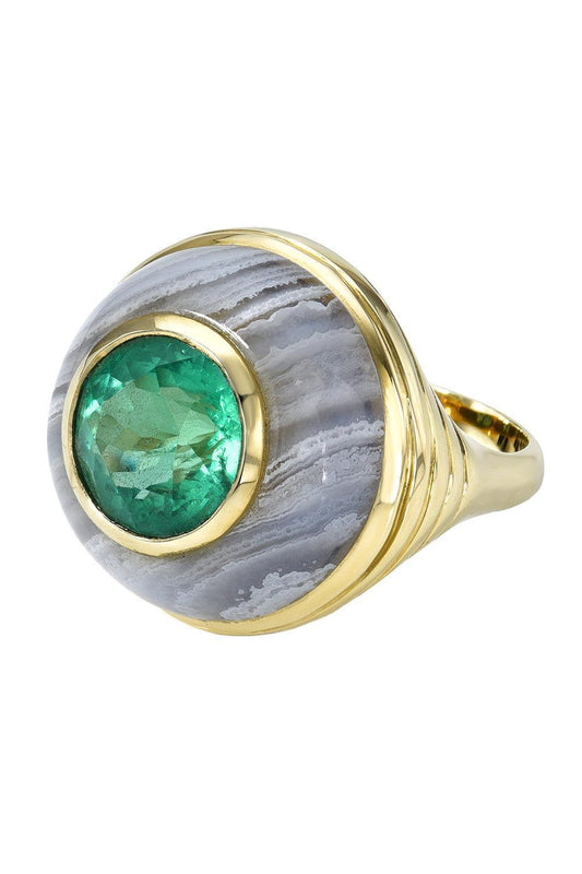 Emerald Blue Agate Petite Lollipop Ring-YELLOW GOLD-7-JEWELRYFINE JEWELRING-RETROUVAI