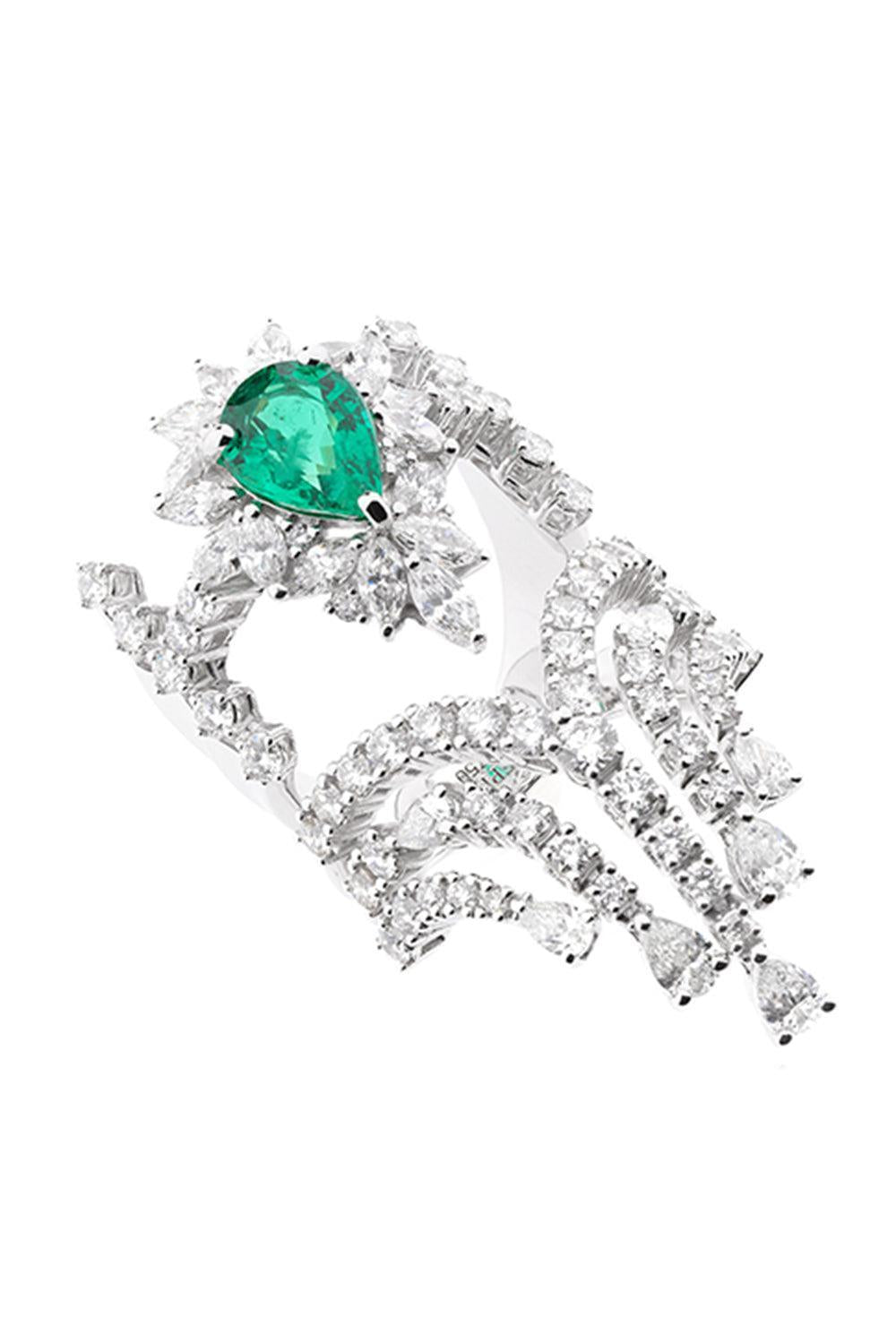 Emerald Diamond Statement Dangle Ring-WHITE GOLD-6.75-JEWELRYFINE JEWELRING-YEPREM JEWELLERY