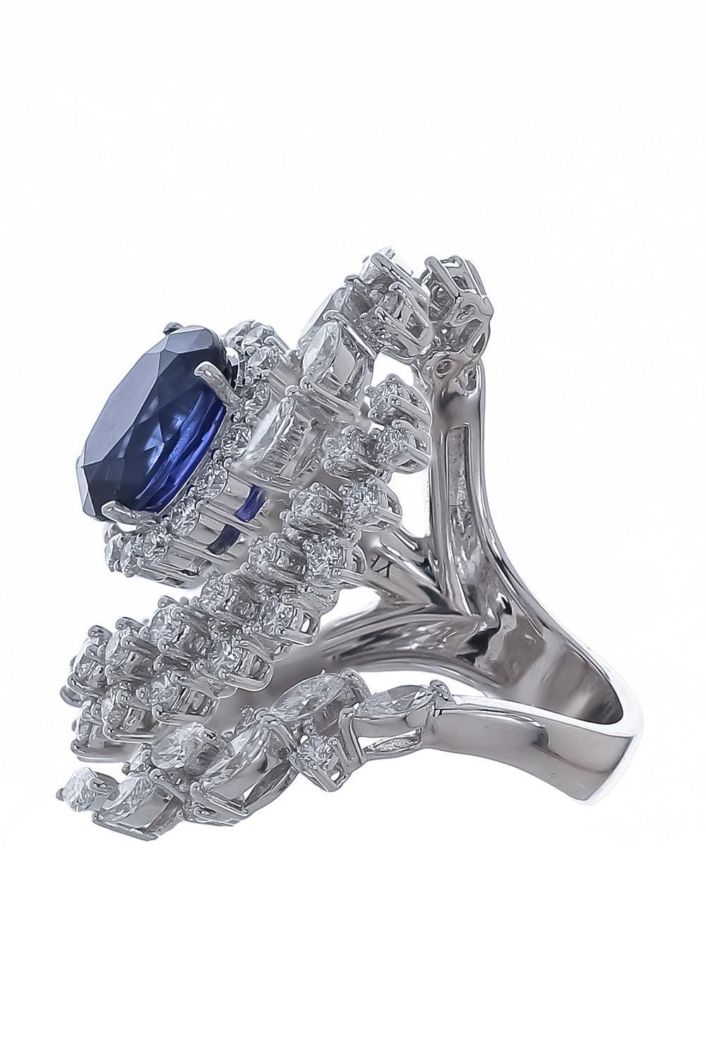 Blue Sapphire Diamond Three Curved Ring-WHITE GOLD-5.75-JEWELRYFINE JEWELRING-YEPREM JEWELLERY