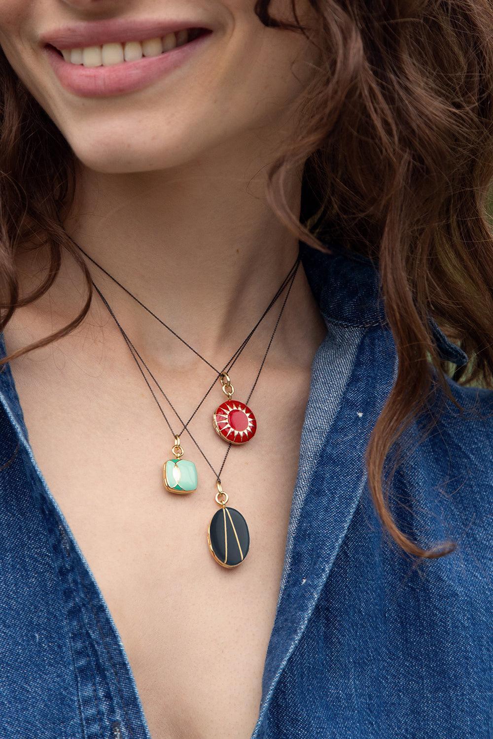 Green Cushion Deco Locket Necklace-YELLOW GOLD-17-JEWELRYFINE JEWELNECKLACE O-MONICA RICH KOSANN