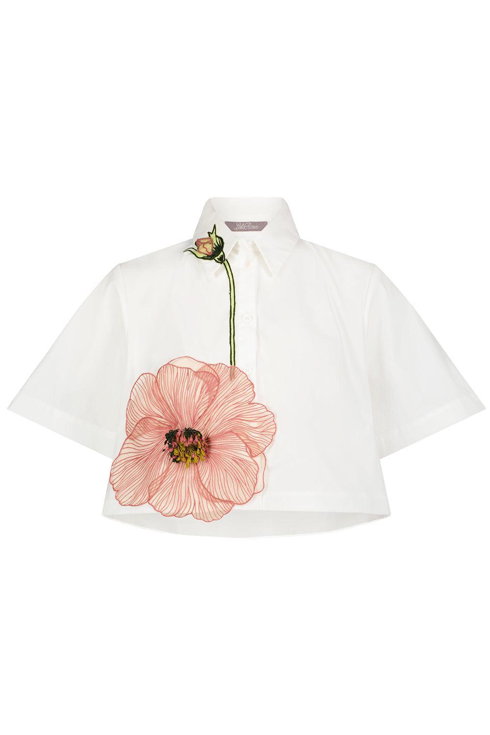 Peony Embroidered Crop Shirt-FLORAL-XS-CLOTHINGTOPBLOUSE-LELA ROSE