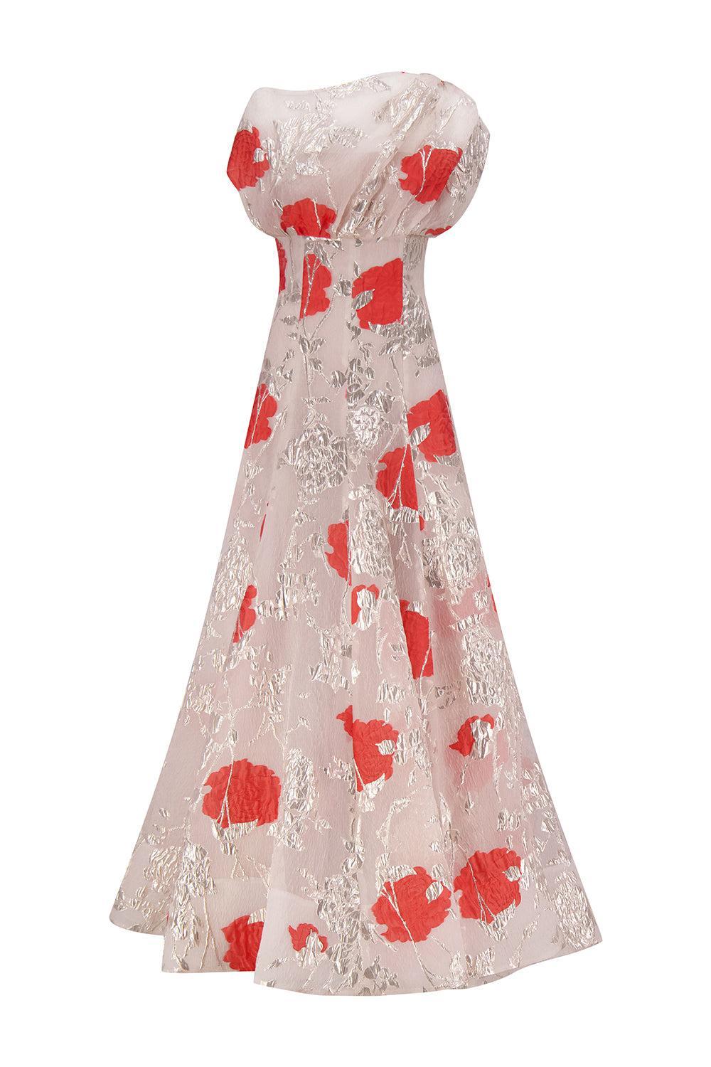 Floral Drape Shoulder Pleated Gown-FLORAL-4-CLOTHINGDRESSGOWN-LELA ROSE