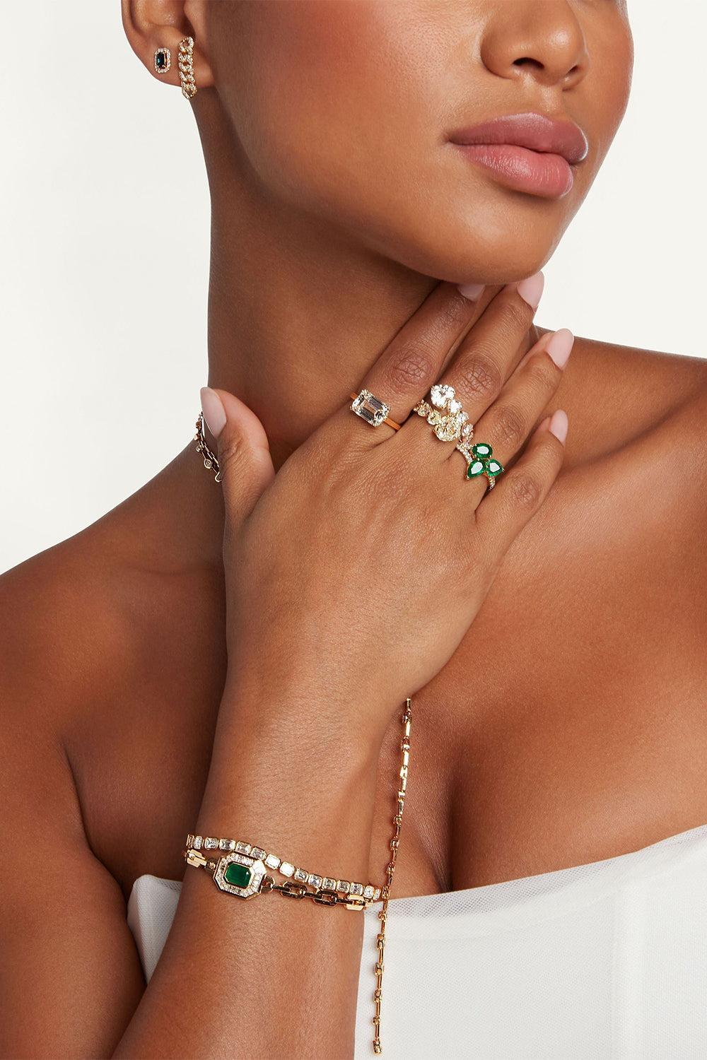 Emerald Diamond Halo Deco Link Bracelet-YELLOW GOLD-6.5-JEWELRYFINE JEWELBRACELET O-SHAY JEWELRY
