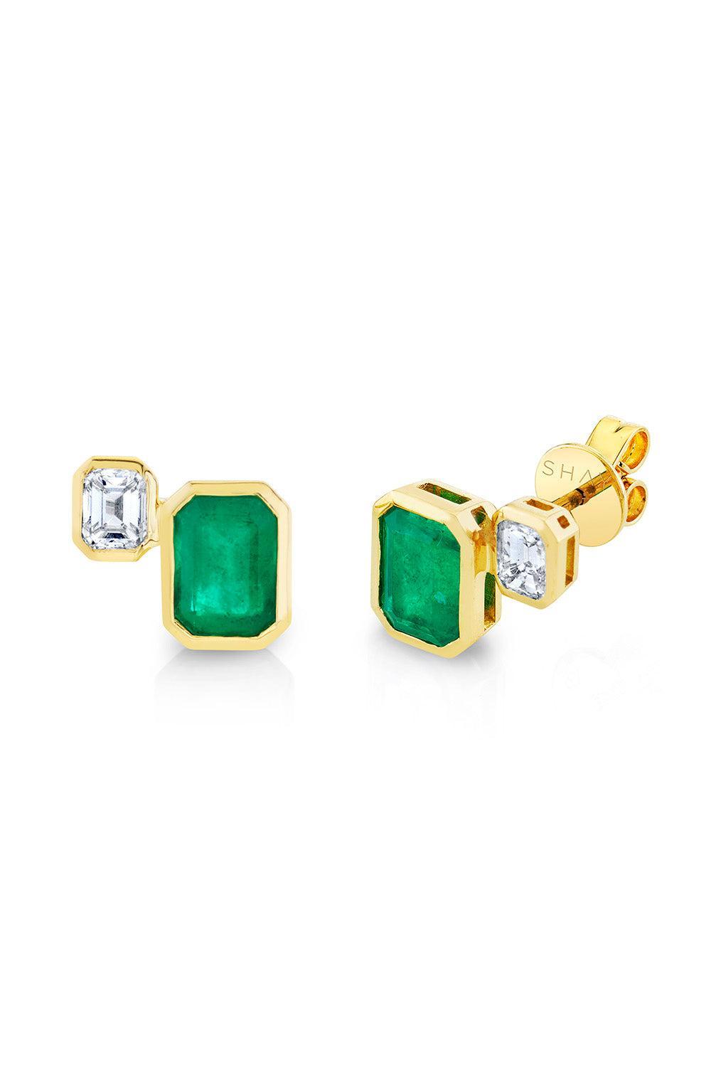 Diamond Emerald Step Up Stud Earrings-YELLOW GOLD-JEWELRYFINE JEWELEARRING-SHAY JEWELRY