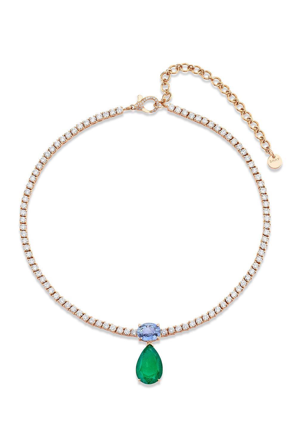 Emerald Blue Sapphire Diamond Drop Tennis Necklace-ROSE GOLD-JEWELRYFINE JEWELNECKLACE O-SHAY JEWELRY