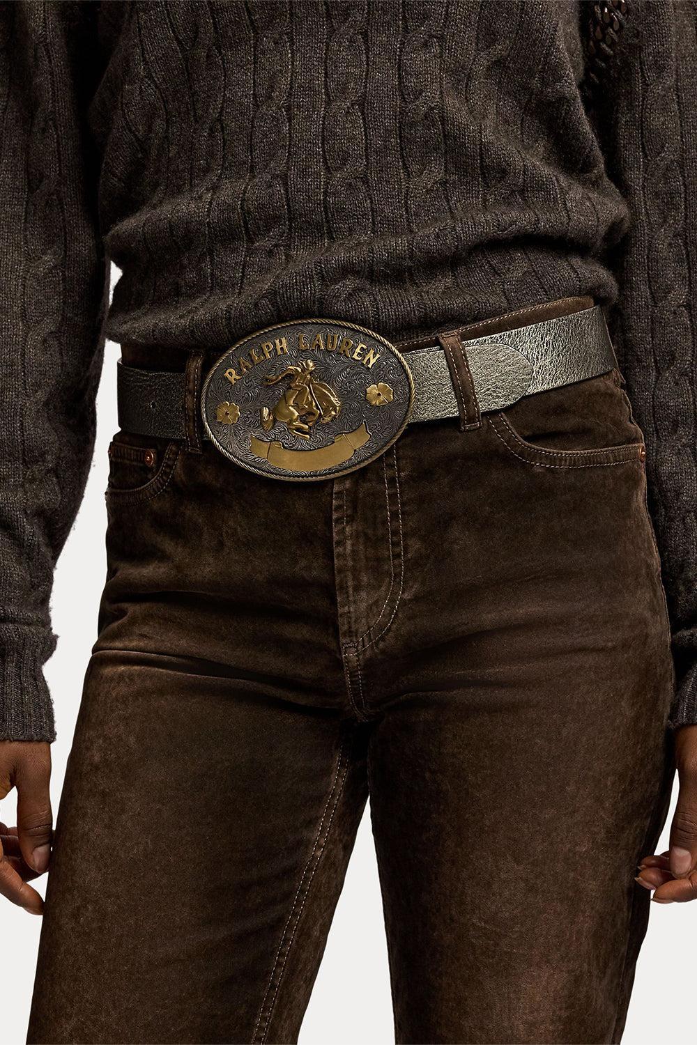 Rodeo-Buckle Metallic Vachetta Wide Belt