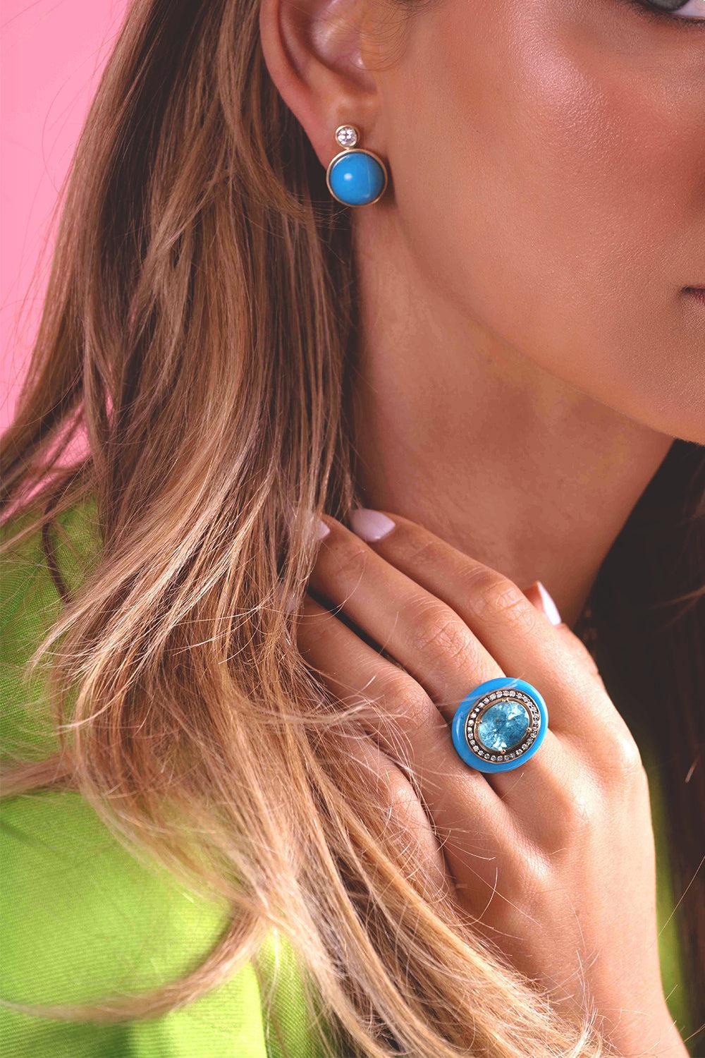 Turquoise Diamond Siren Stud Earrings-YELLOW GOLD-JEWELRYFINE JEWELEARRING-MASON & BOOKS