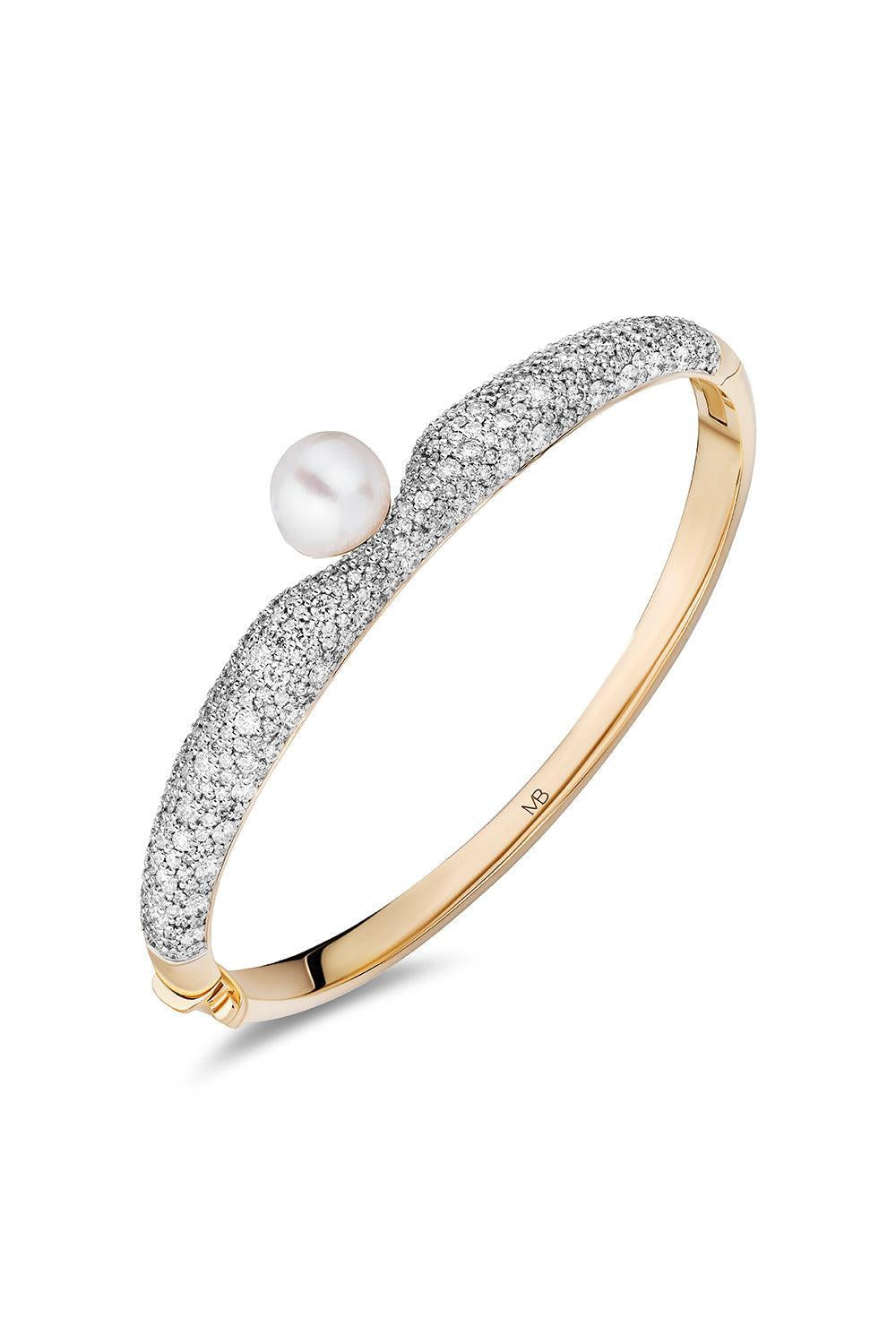 Pearl Diamond Siren Floret Bangle Bracelet-YELLOW GOLD-MEDIUM-JEWELRYFINE JEWELBRACELET O-MASON & BOOKS
