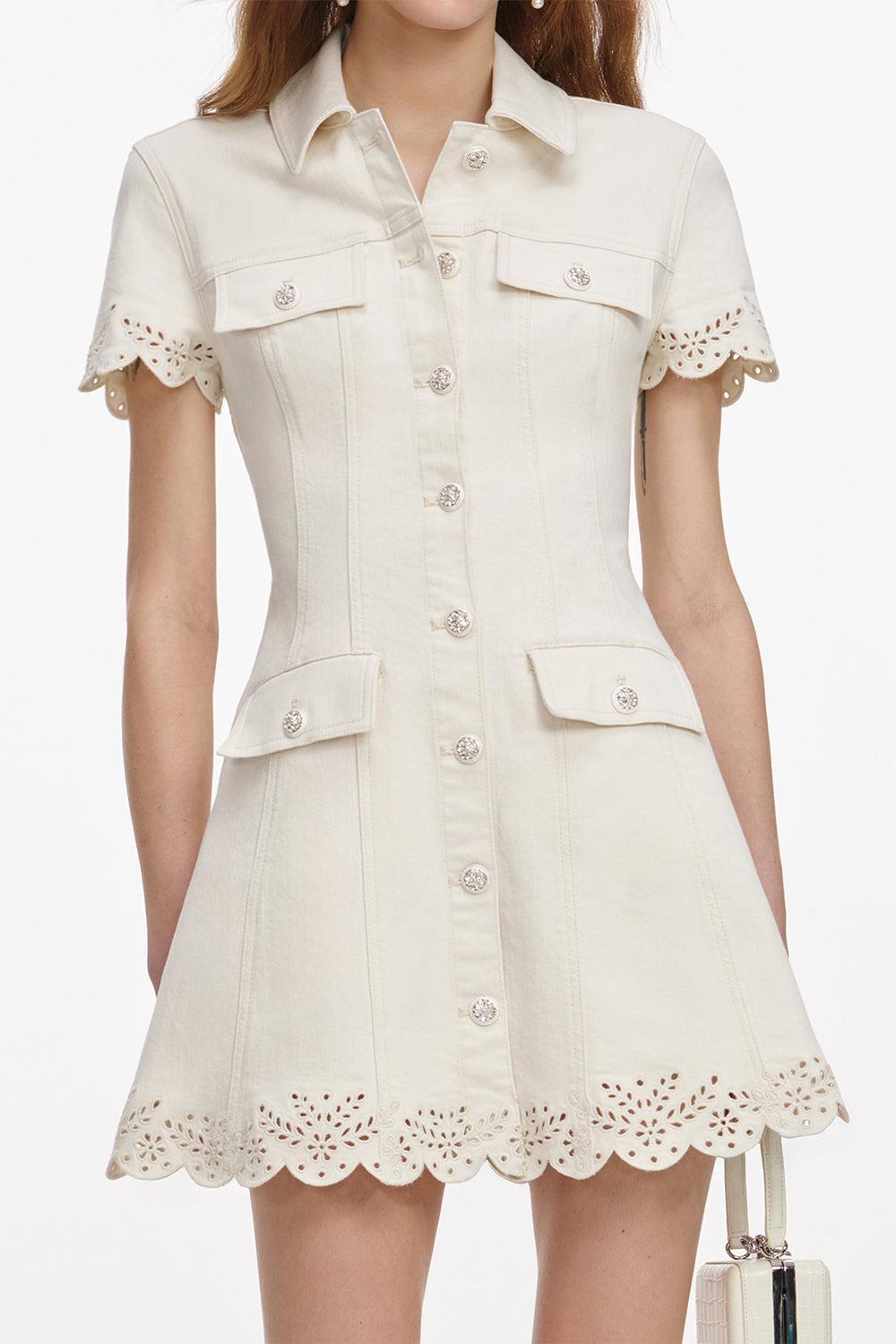 Short Sleeve Pocket Mini Dress-CREAM-2-CLOTHINGDRESSCASUAL-SELF-PORTRAIT
