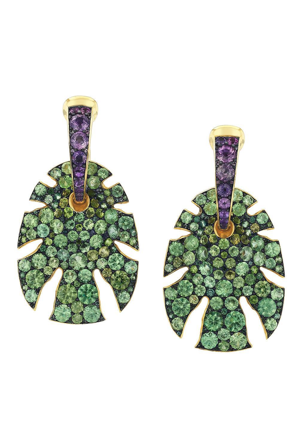 Green Purple Sapphire Split Super Sine Earrings-YELLOW GOLD-JEWELRYFINE JEWELEARRING-VRAM