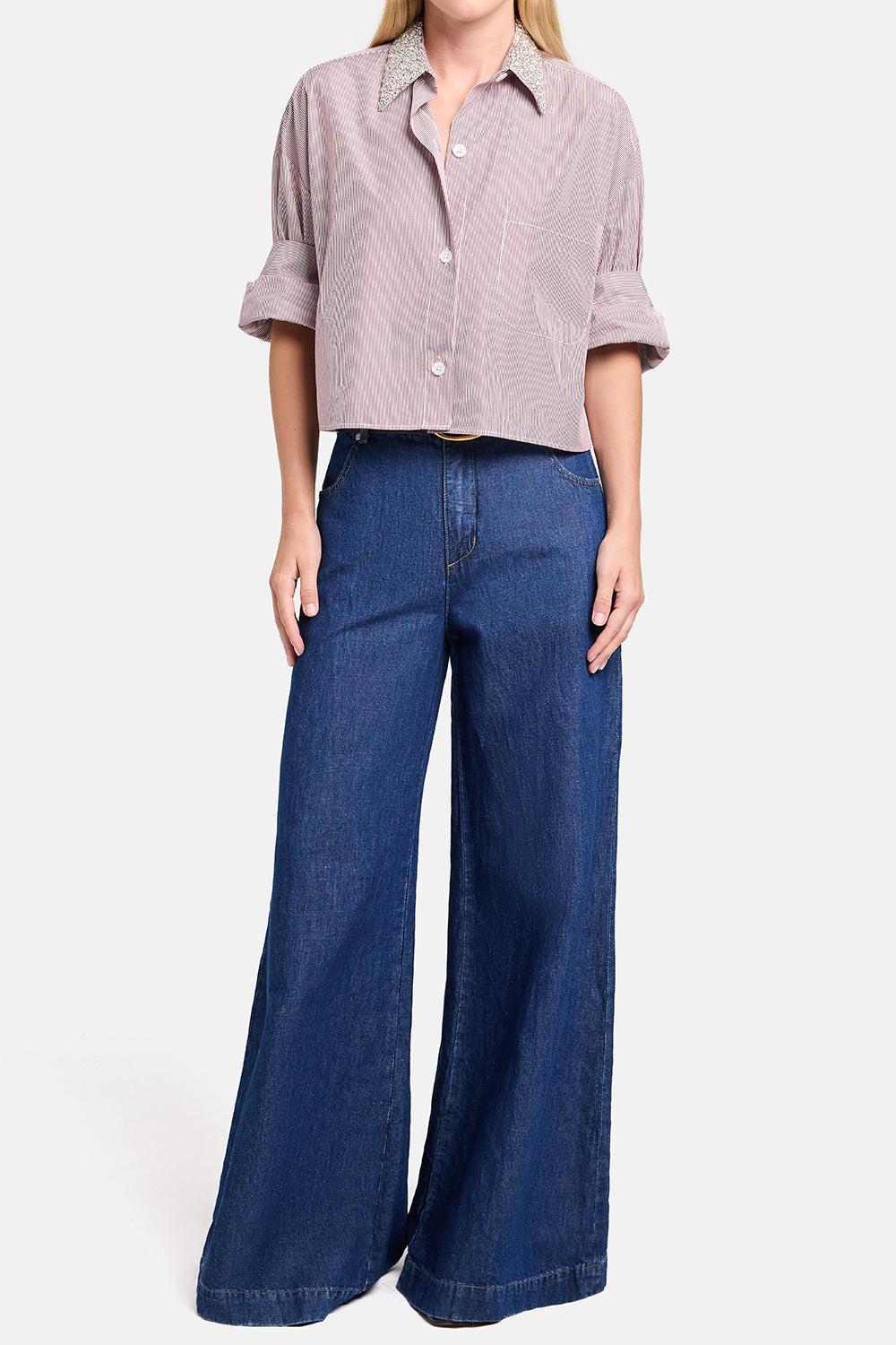 Next Ex Crystal Collar Shirt - White Wine-STRIPE-P-CLOTHINGTOPBLOUSE-TWP