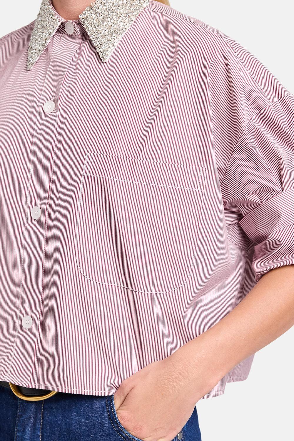 Next Ex Crystal Collar Shirt - White Wine-STRIPE-P-CLOTHINGTOPBLOUSE-TWP
