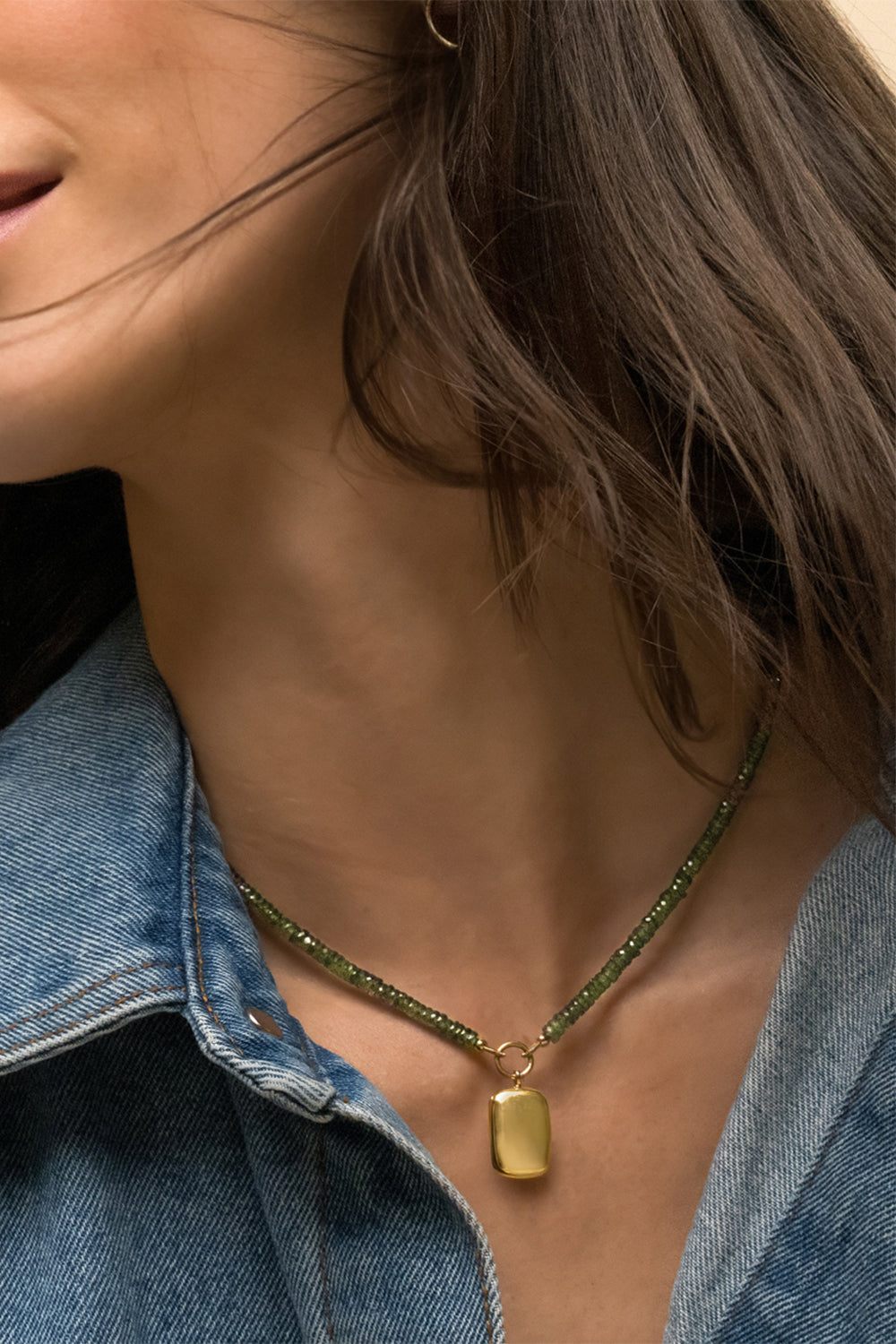 Green Sapphire Strand  Slim Britt Locket Necklace