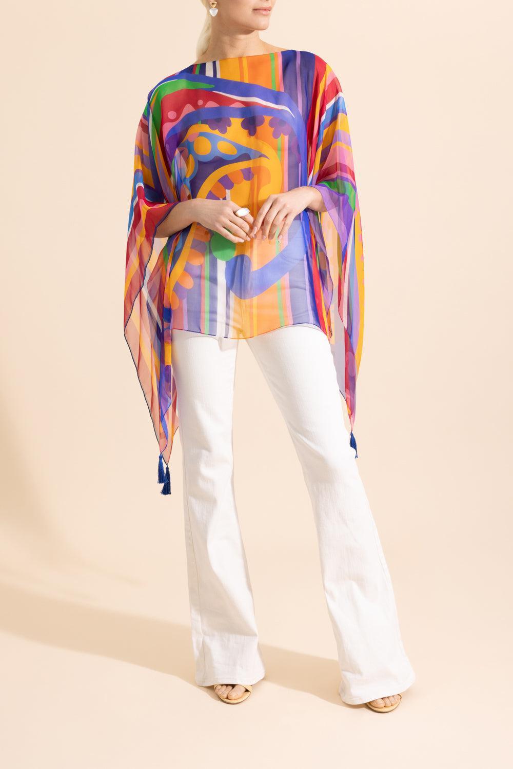 Printed Poncho Blouse-MULTIBGE-O/S-CLOTHINGTOPPONCHO-ETRO