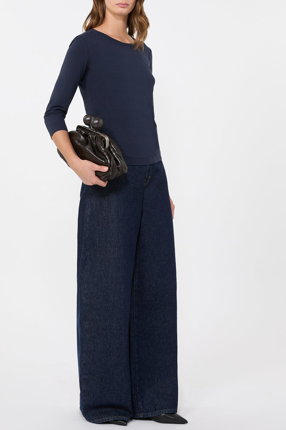 Three Quarter Sleeve Stretch Tee - Navy-NAVY-XS-CLOTHINGTOPT-SHIRT-MAX MARA