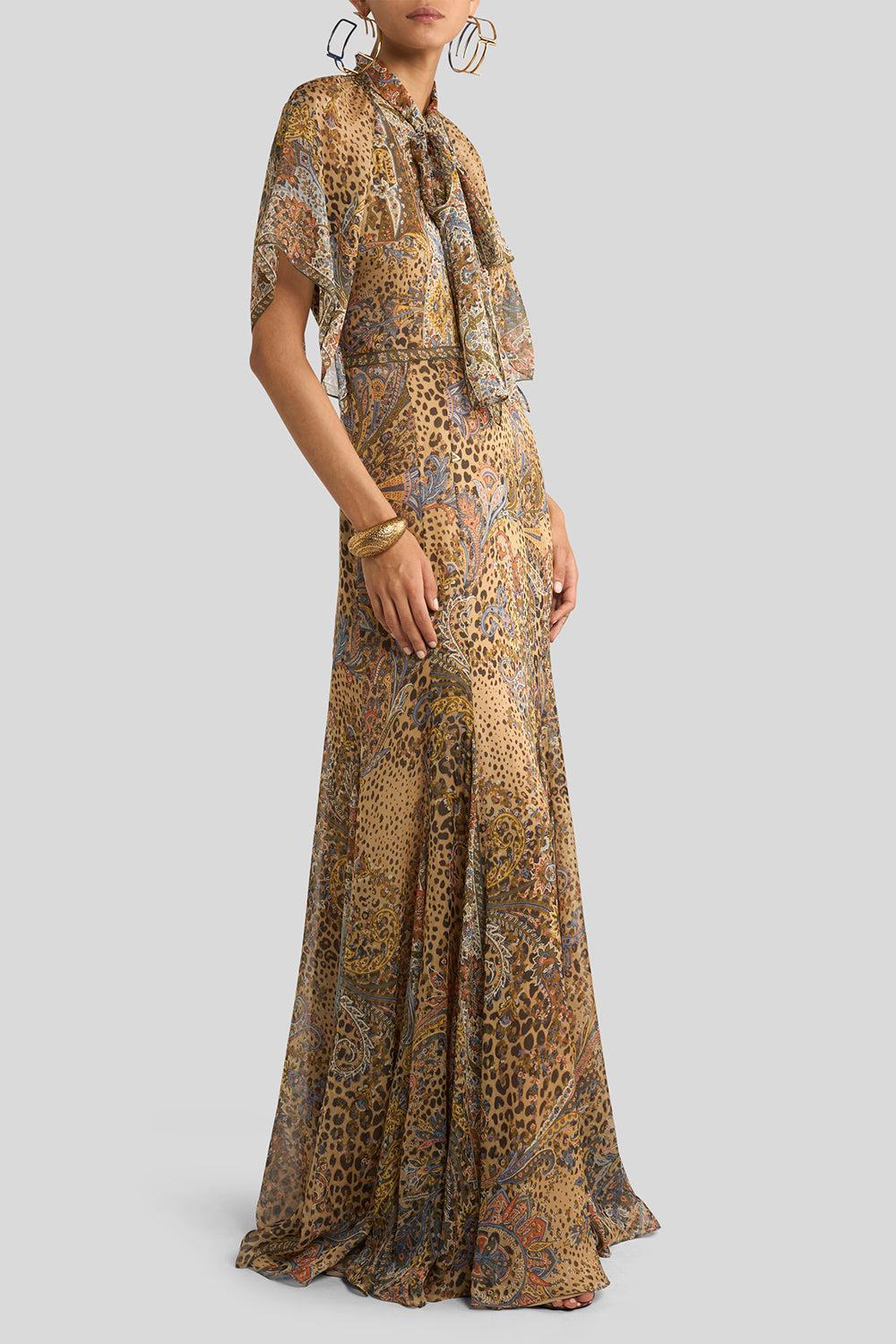 Cap Sleeve Scarf Godet Gown-MULTI-42-CLOTHINGDRESSGOWN-ETRO