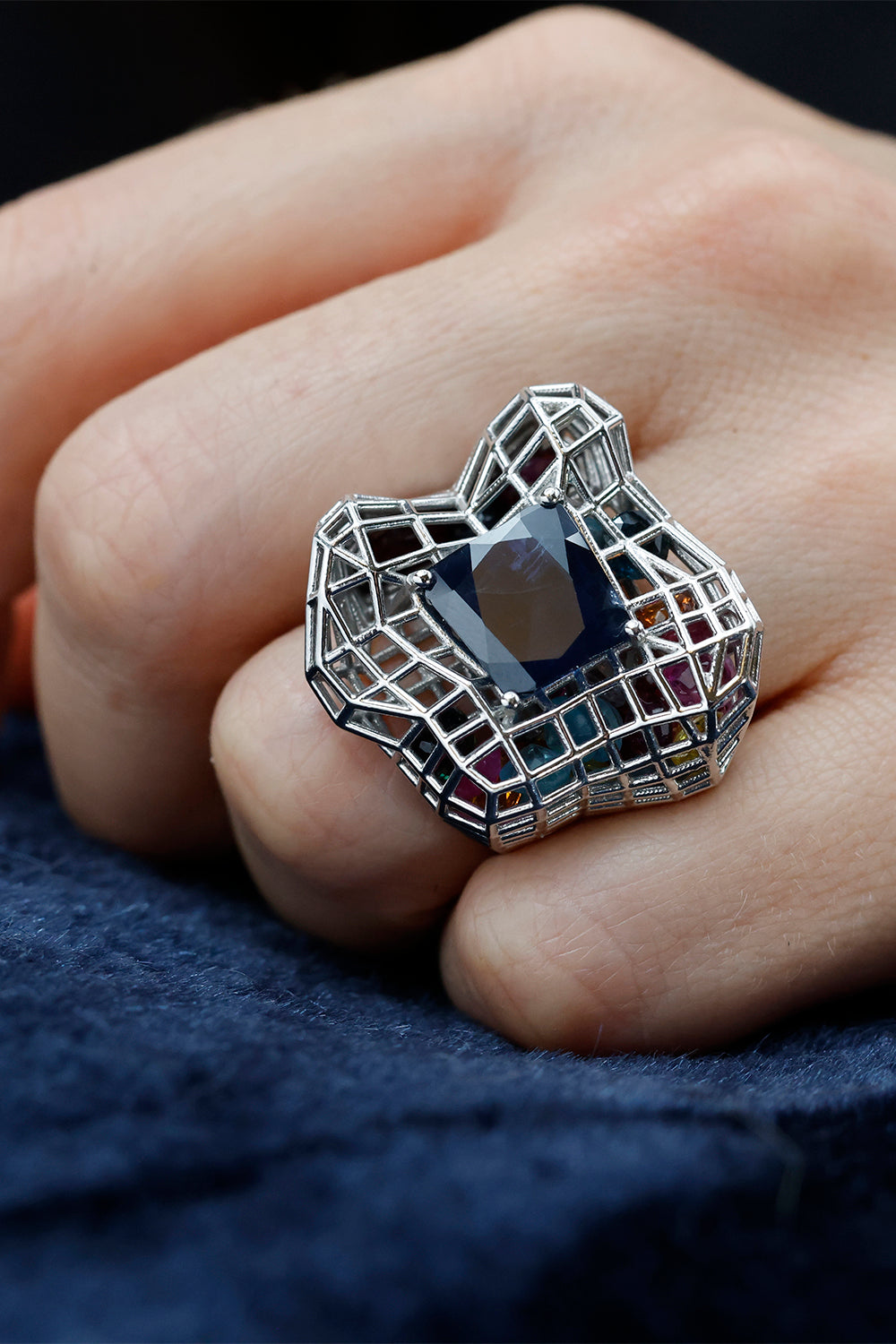 Blue Sapphire Cagey Distorted Ring