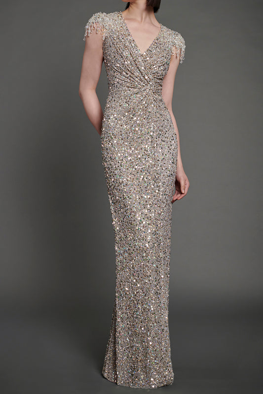 Wonderful Cap Sleeve Embellished Gown