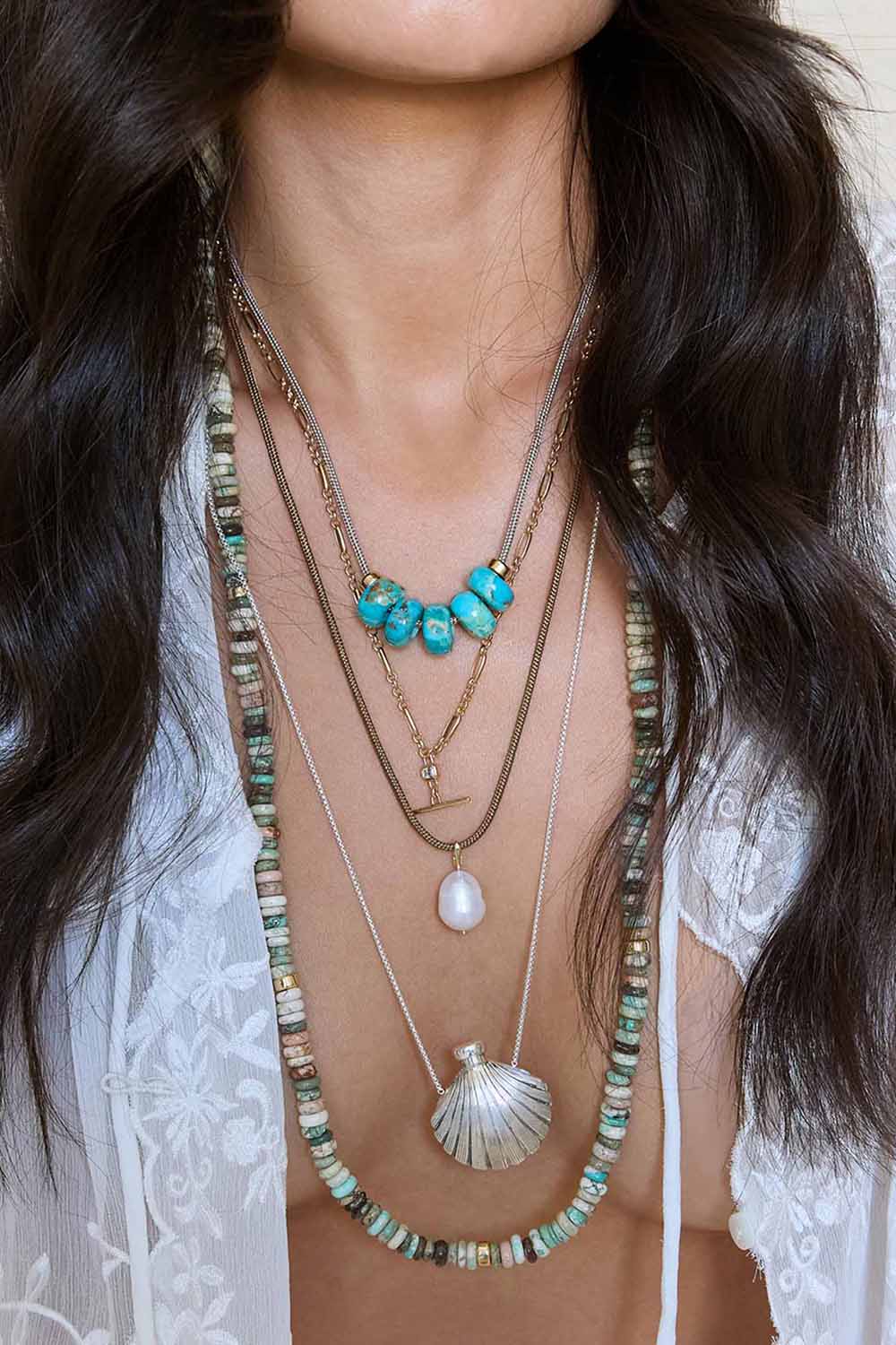 Turquoise Beaded Tan Cord Necklace