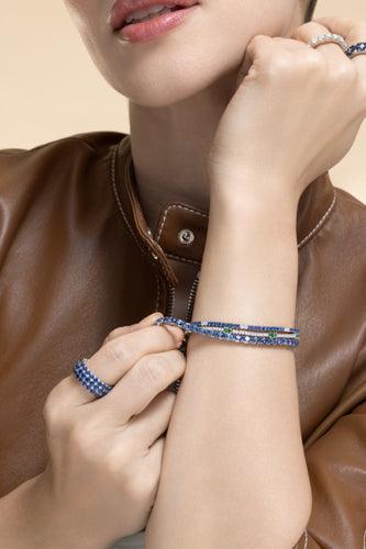 Blue Sapphire Diamond Two Alternating Tennis Stretch Bracelet-WHITE GOLD-JEWELRYFINE JEWELBRACELET O-ROBERTO DEMEGLIO