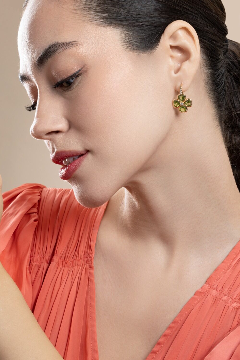 Diamond Peridot Clover G-One Earrings-YELLOW GOLD-JEWELRYFINE JEWELEARRING-GOSHWARA