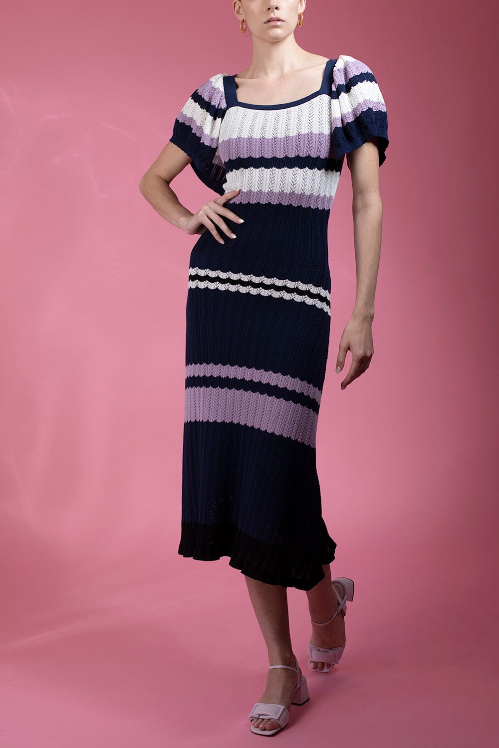 ADAM LIPPES-Flounce Sleeve Striped Knit Dress-