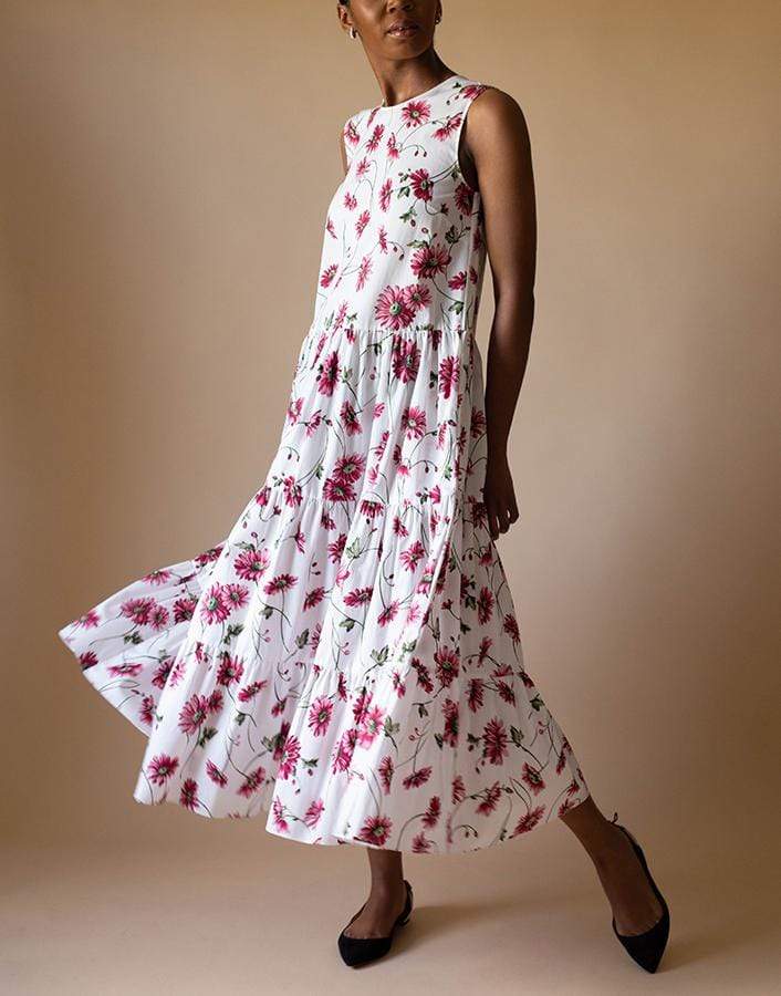 ADAM LIPPES-White Daisy Sleeveless Tiered Maxi Dress-