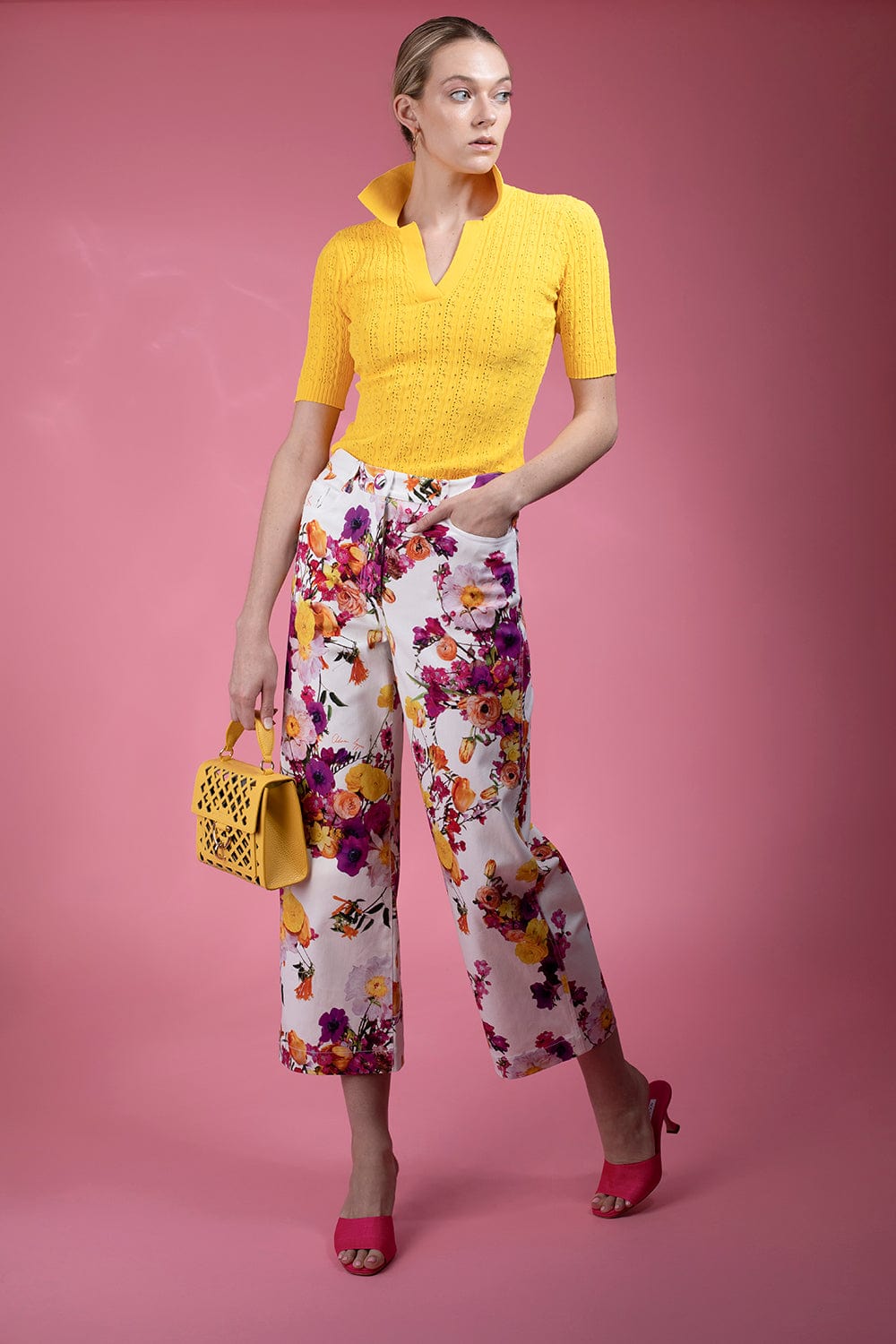 ADAM LIPPES-High Waist Cropped Pant - Ivory Floral-