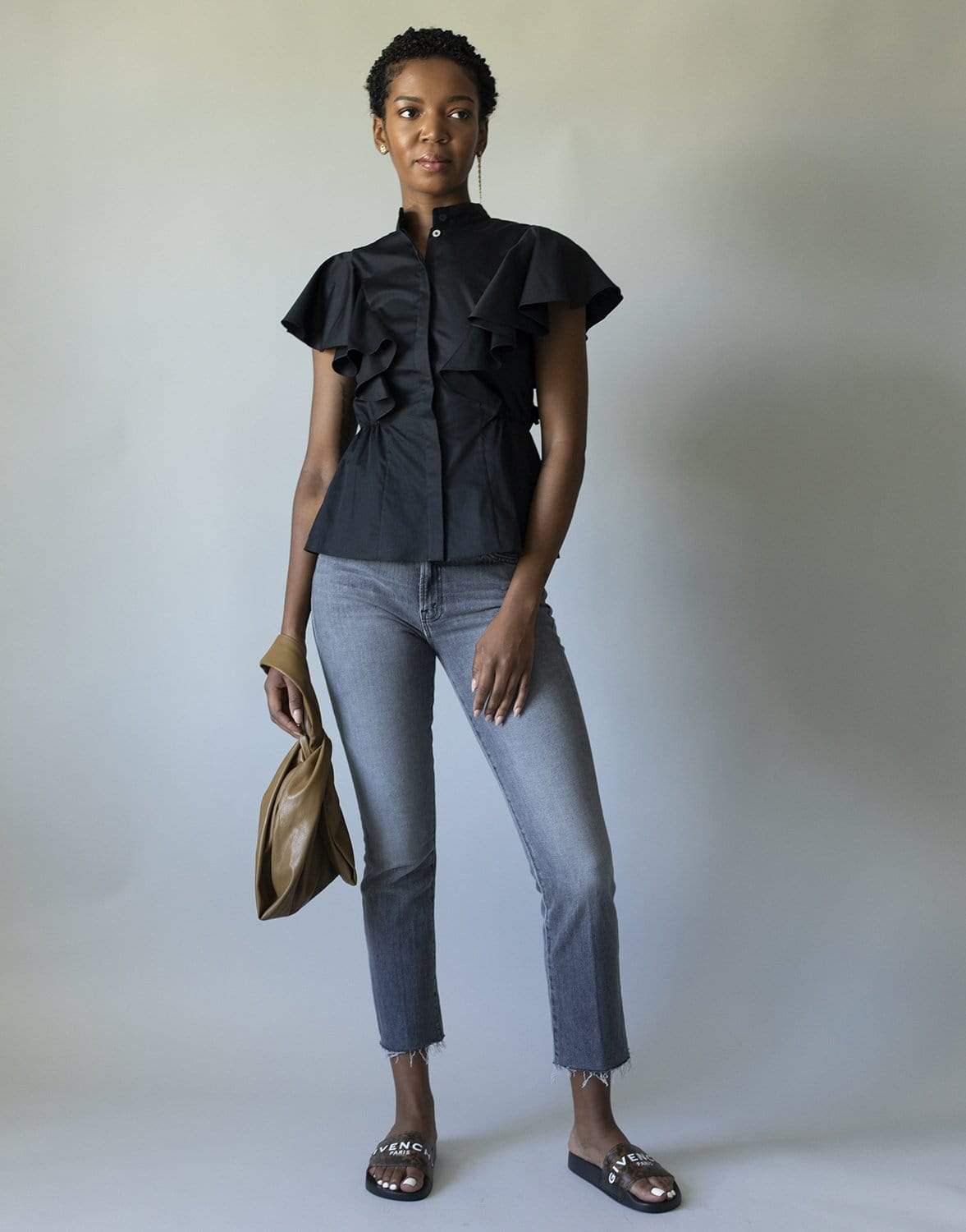 ADAM LIPPES-Short Sleeve Poplin Ruffle Shell-