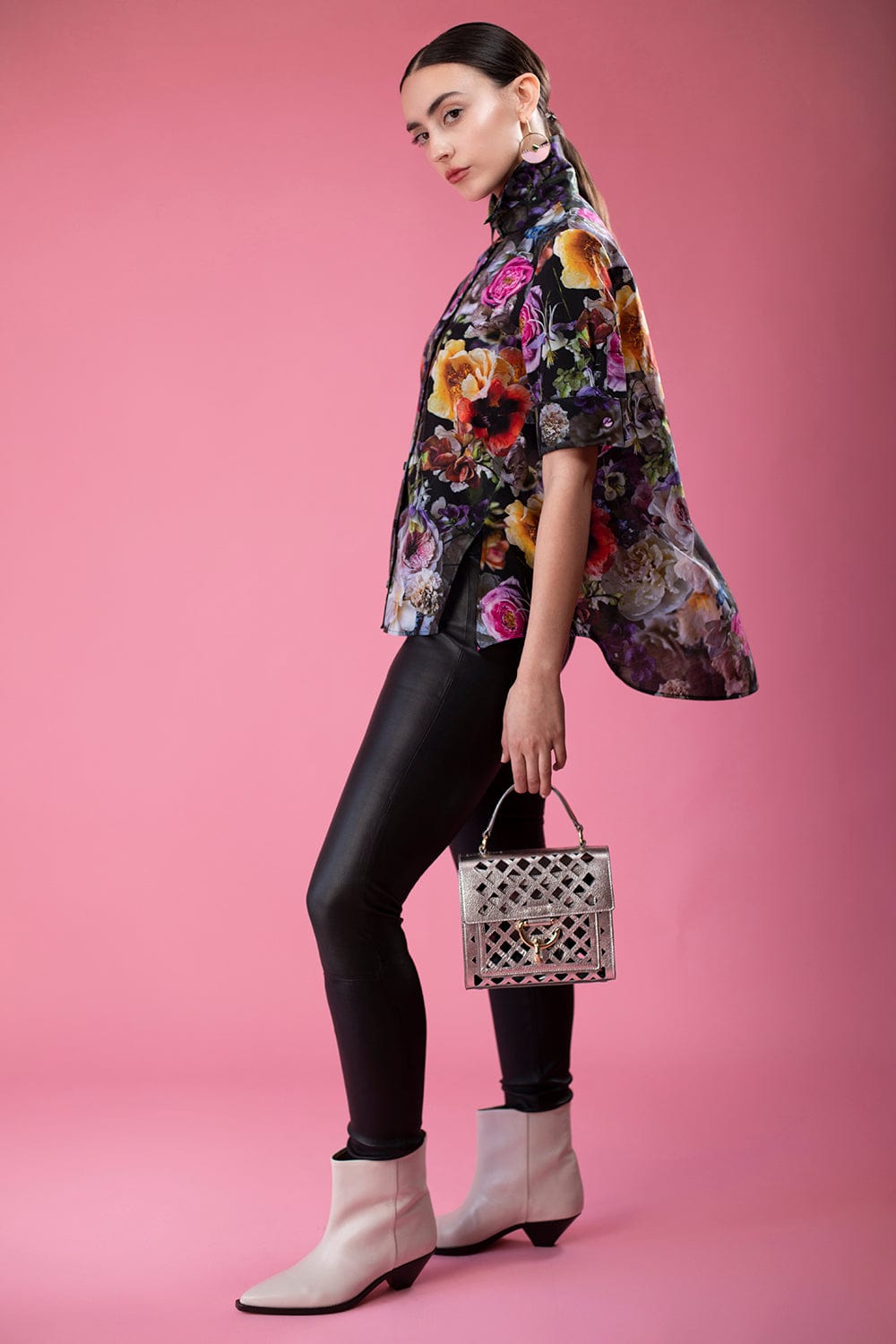 ADAM LIPPES-Short Sleeve Trapeze Top - Black Floral-