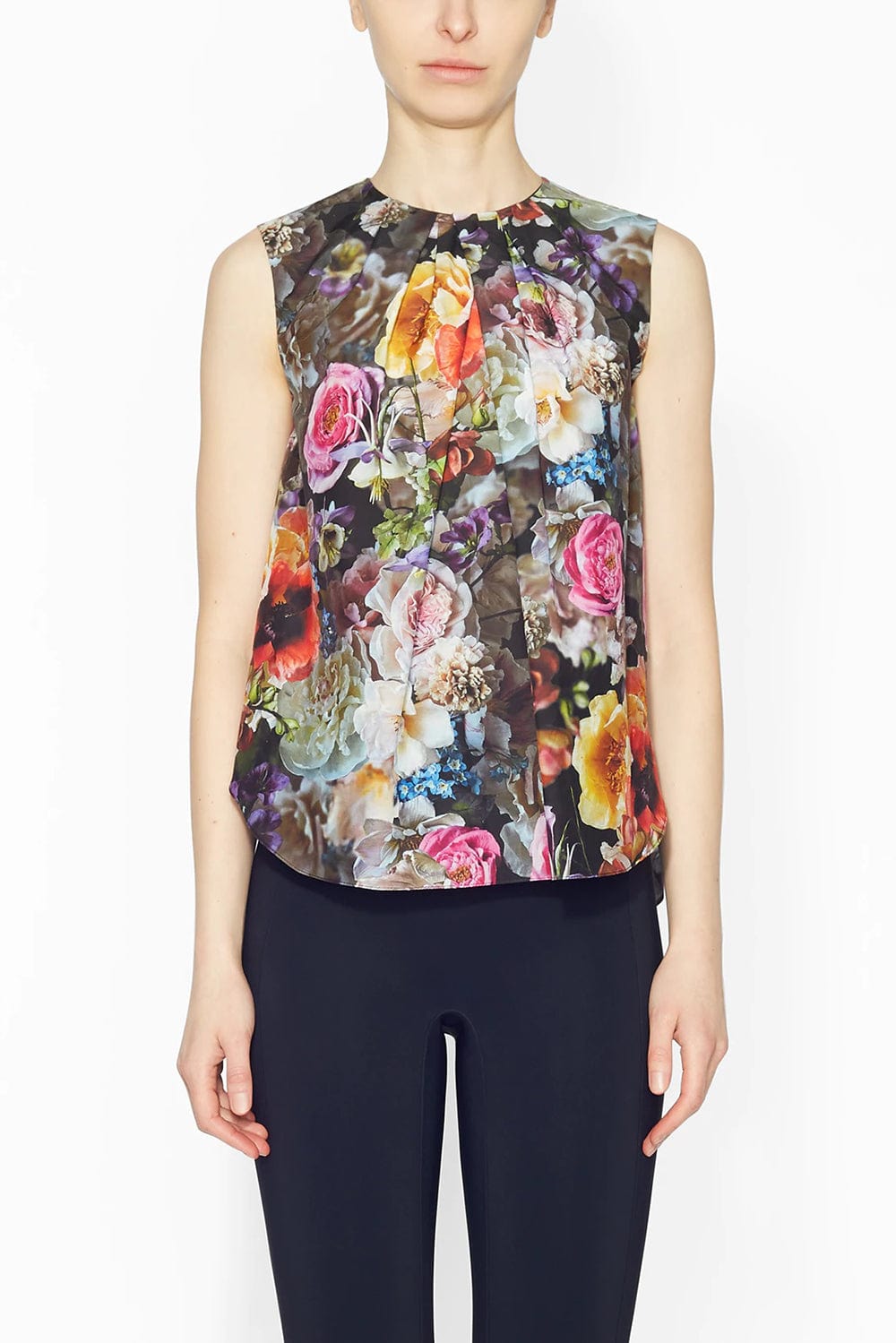 ADAM LIPPES-Sleeveless Pleated Neck Top-BLACK FLORAL