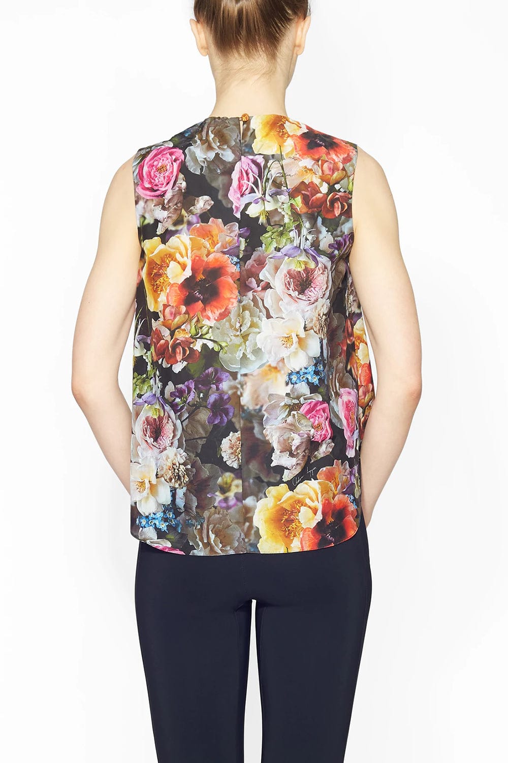 ADAM LIPPES-Sleeveless Pleated Neck Top-BLACK FLORAL