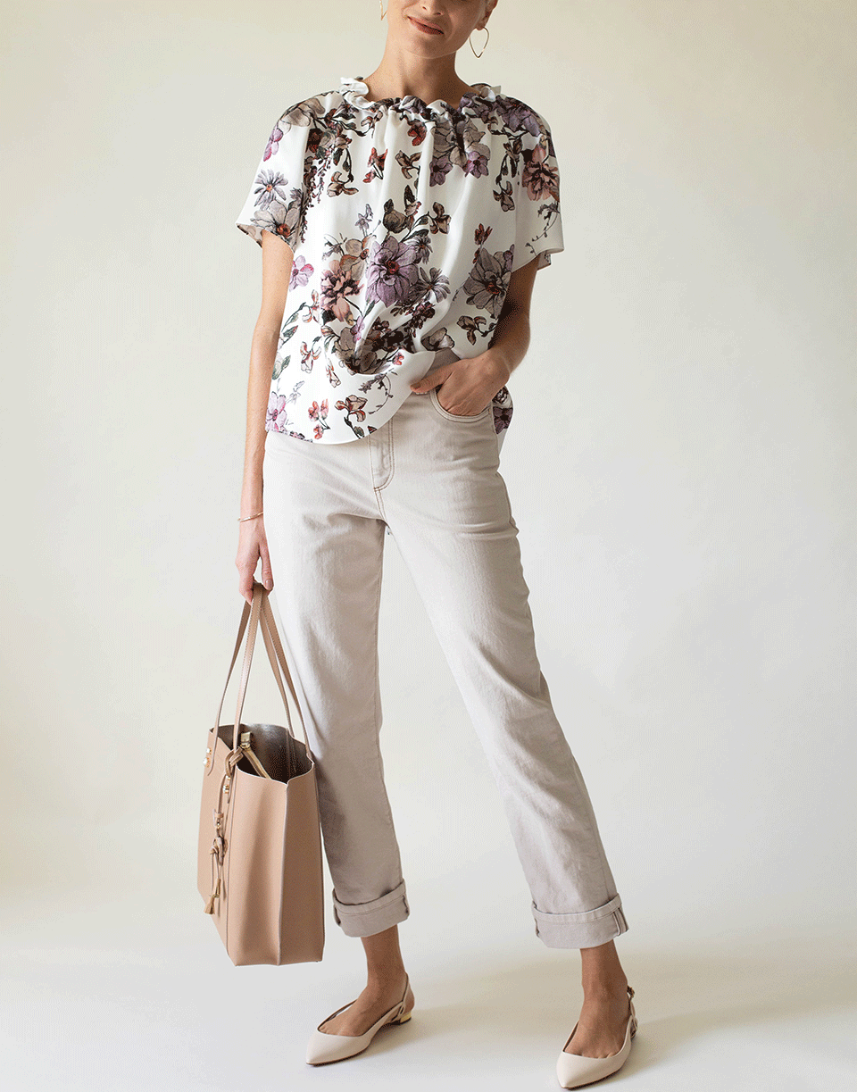 ADAM LIPPES-Shirred Neck Silk Charmeuse Print Top-