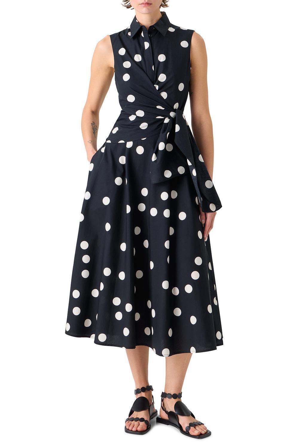 Sleeveless Polka Dot Midi Dress-BLACK-2-CLOTHINGDRESSCASUAL-AKRIS PUNTO