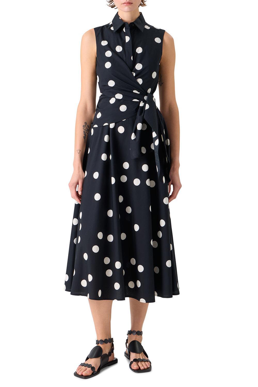 Sleeveless Polka Dot Midi Dress-BLACK-2-CLOTHINGDRESSCASUAL-AKRIS PUNTO