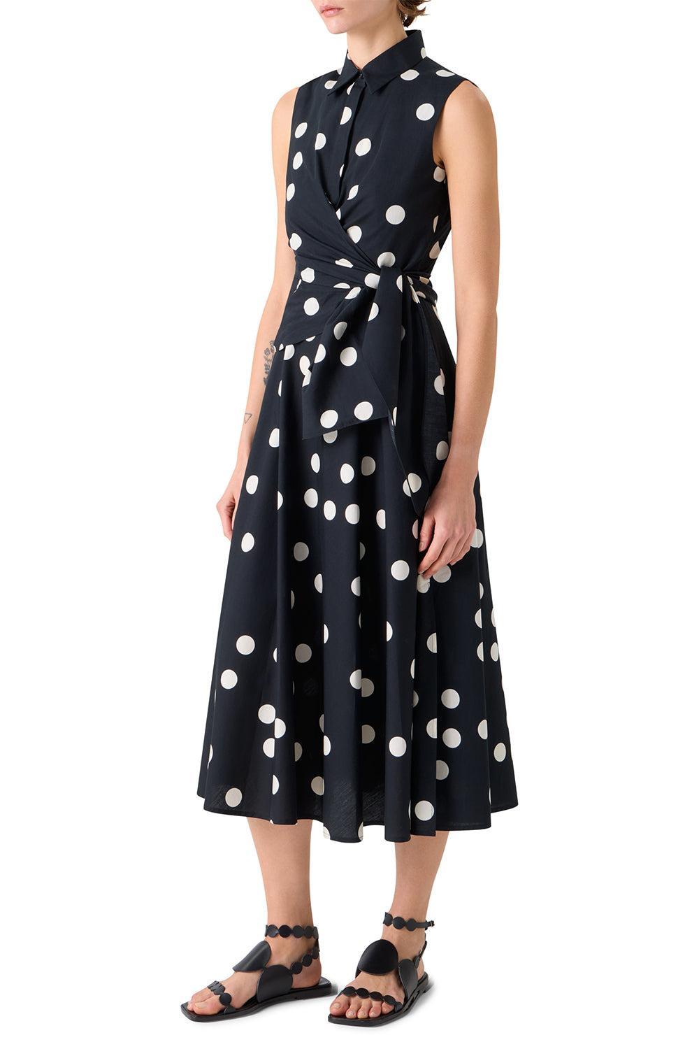 Sleeveless Polka Dot Midi Dress-BLACK-2-CLOTHINGDRESSCASUAL-AKRIS PUNTO