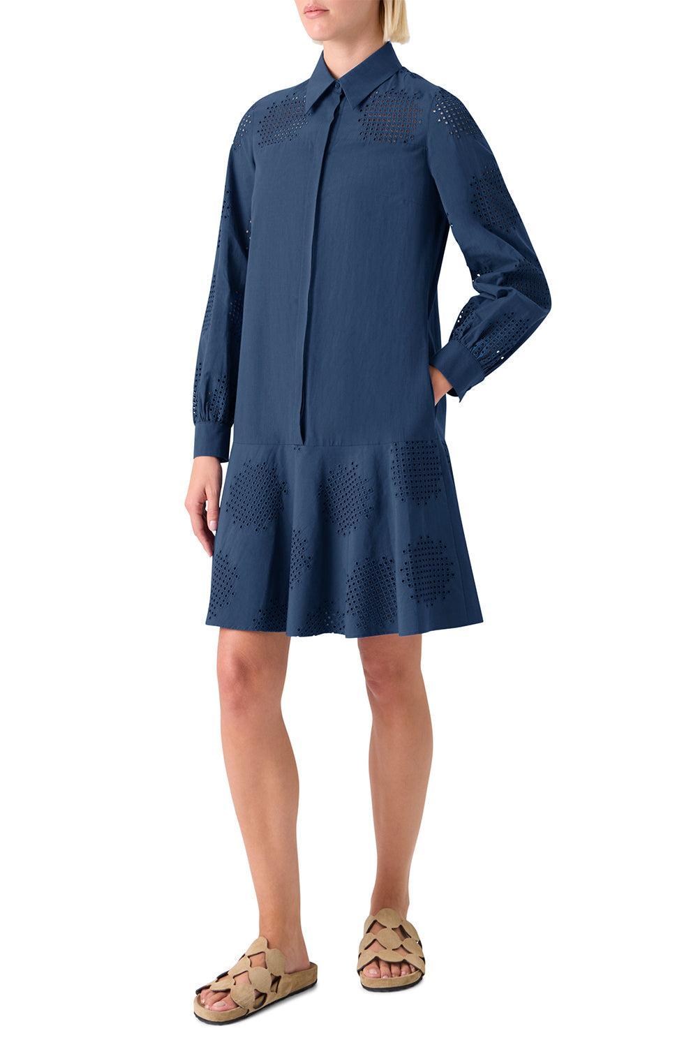 Long Sleeve Embroidered Short Dress-BLUE-4-CLOTHINGDRESSCASUAL-AKRIS PUNTO