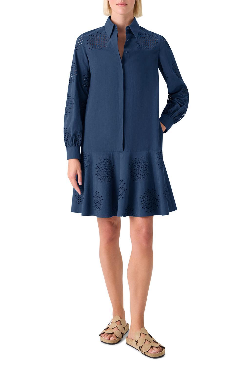 Long Sleeve Embroidered Short Dress-BLUE-4-CLOTHINGDRESSCASUAL-AKRIS PUNTO