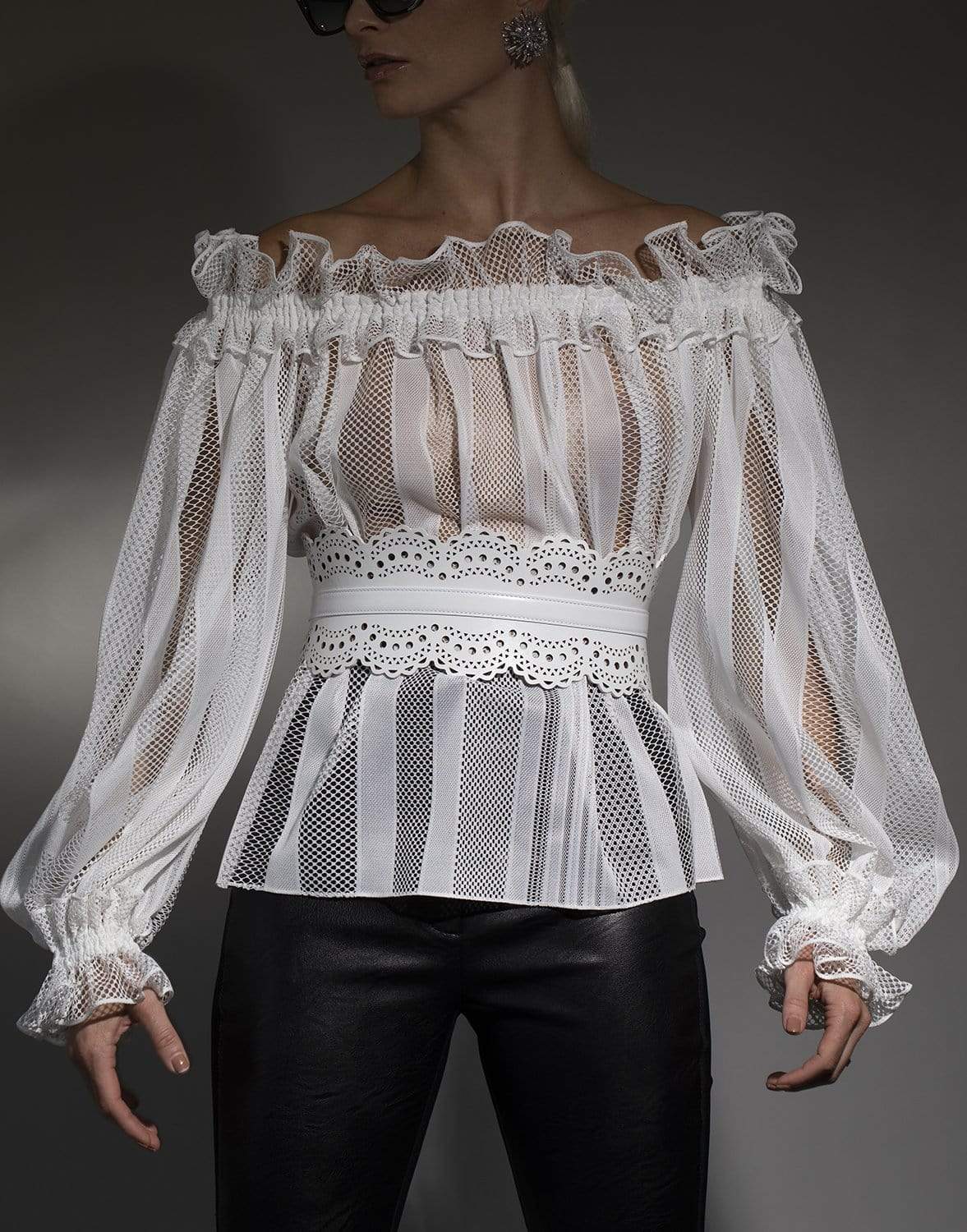 ALAÏA-Optic White Openwork Leather Corset Belt-