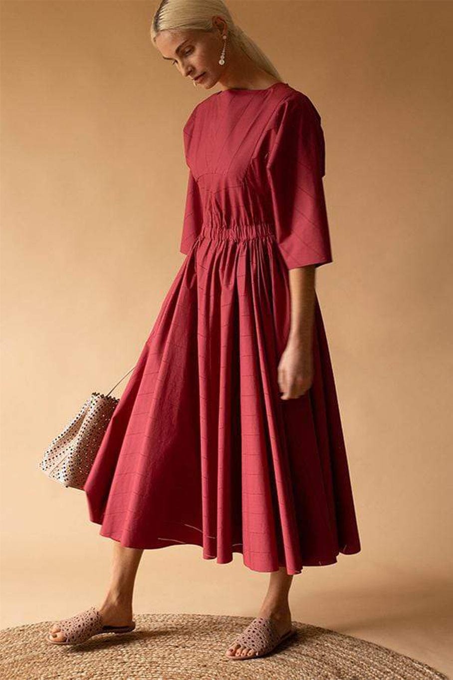 white christmas dresses Three-Quarter Sleeve Elastic Waist Dress