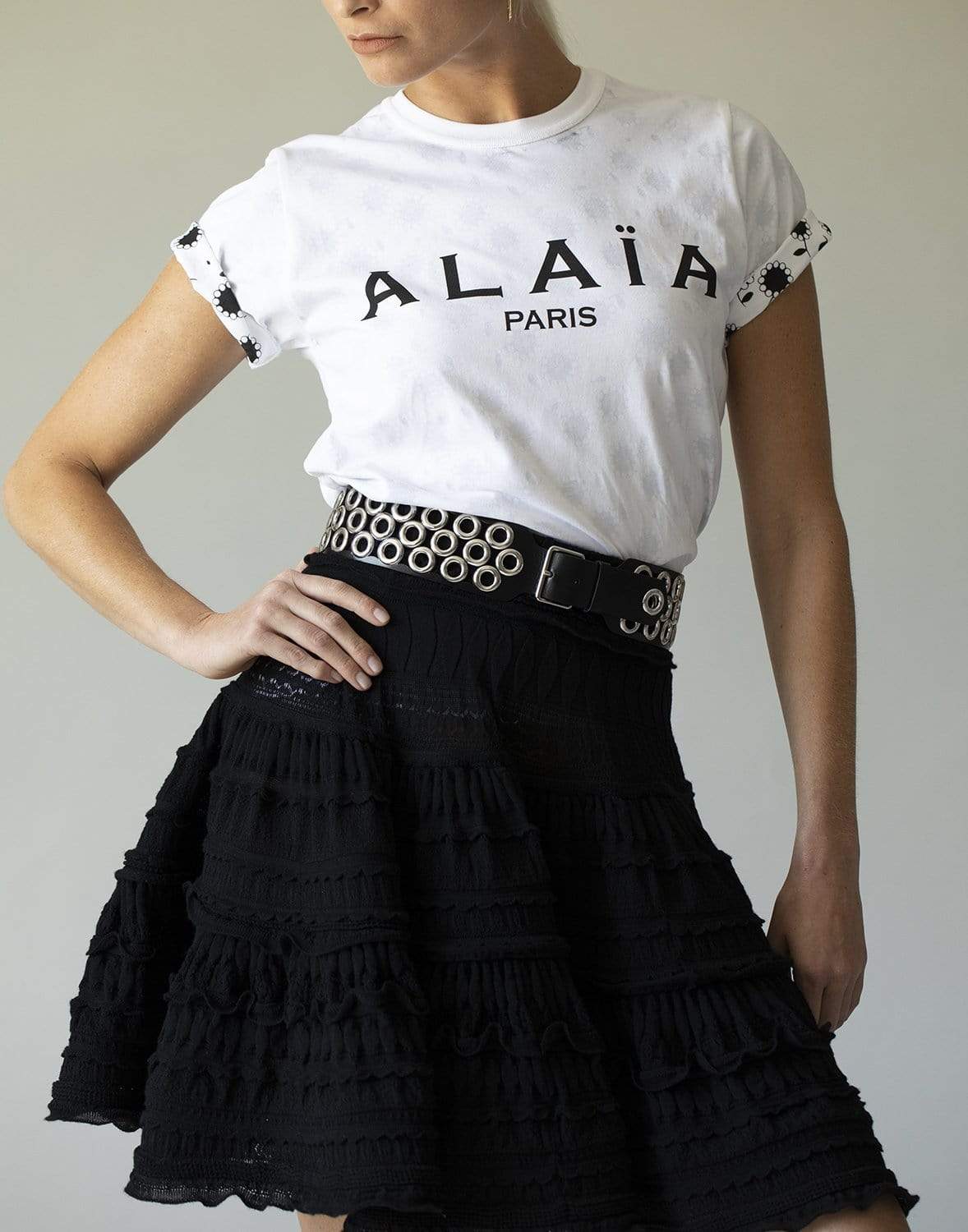 ALAÏA-Mesh Laine Knit Skirt-NOIR