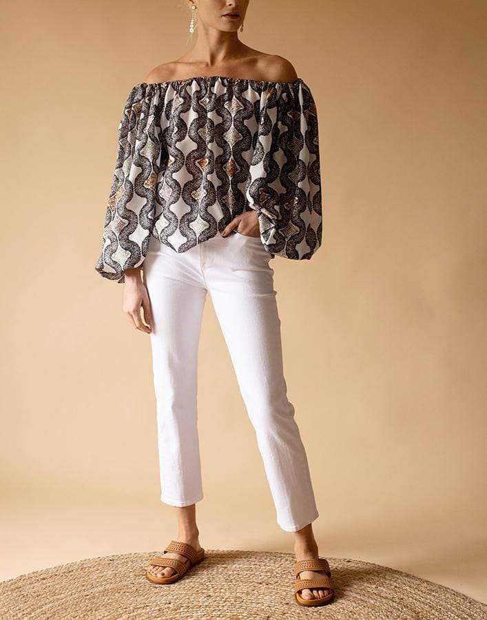 ALAÏA-Long Sleeve Off the Shoulder Print Blouse-